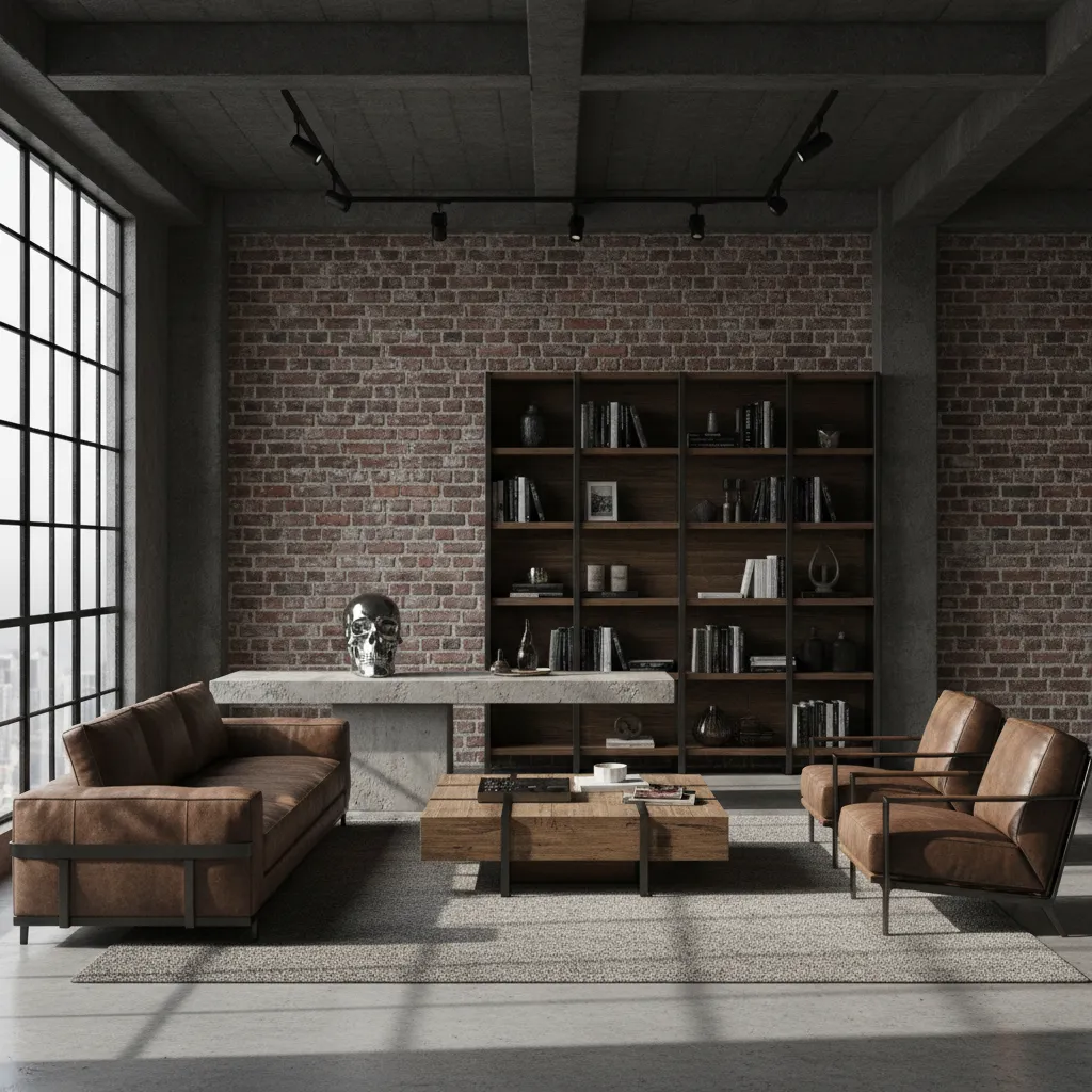 metal skull sculpture in an industrial style living room