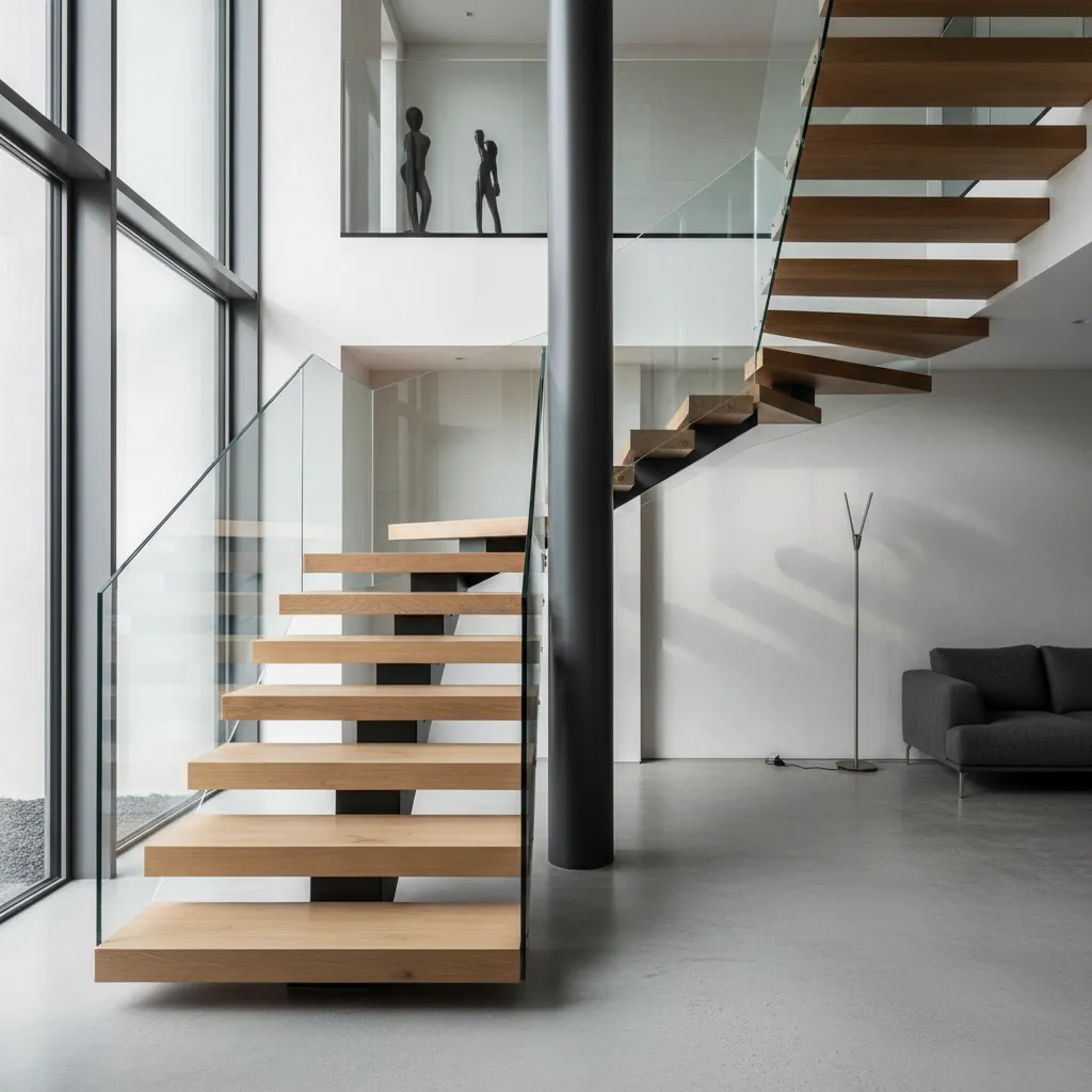 Escalera con zanca central metálica en interior moderno