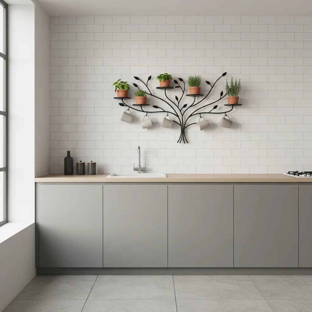 Modern kitchen wall with black metal tree rack holding utensils and plants
