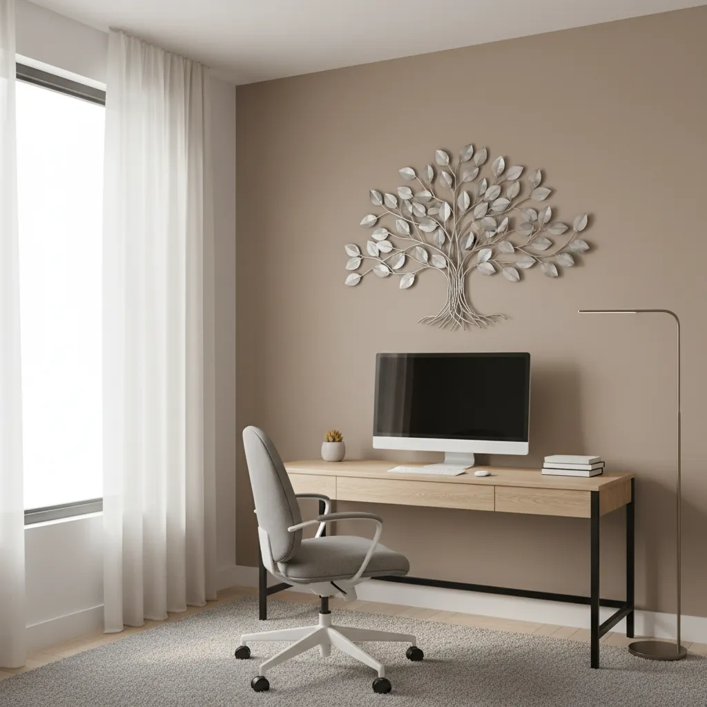 Minimal metal tree wall sculpture in modern home office