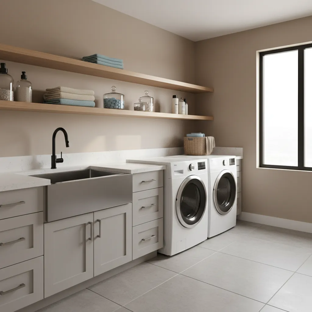 Modern laundry room with metal sink white cabinets side by side washer dryer wooden shelves