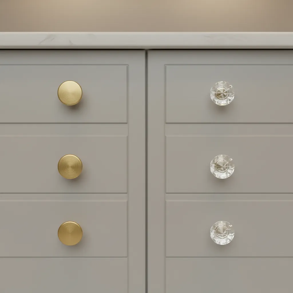 comparison between brushed metal cabinet knobs and clear glass cabinet knobs