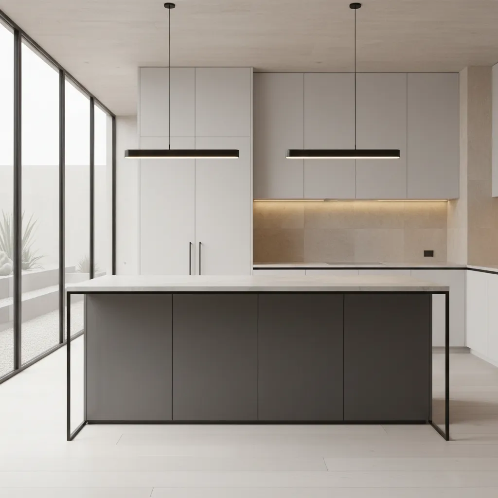Modern minimalist kitchen island with black metal legs white countertop and thin black hanging lights