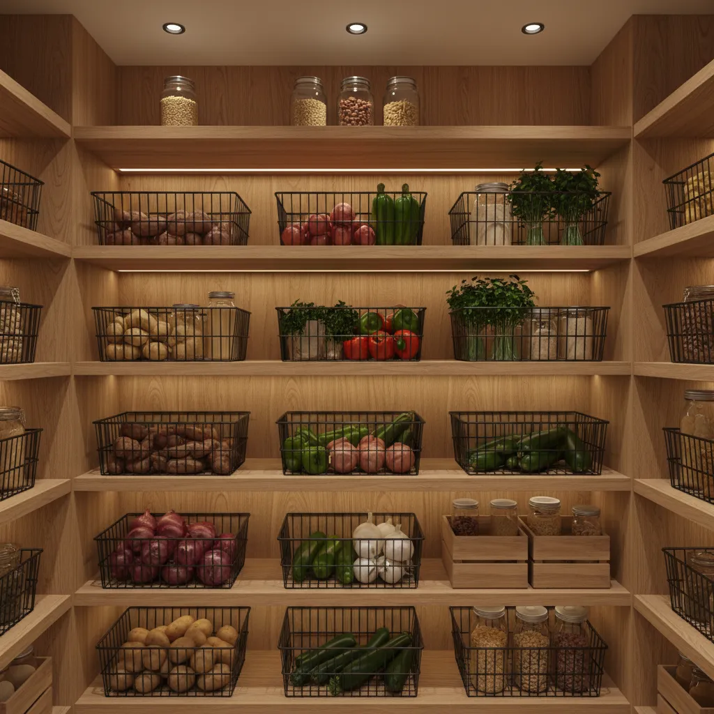 metal wire kitchen baskets storing potatoes onions and produce on pantry shelves