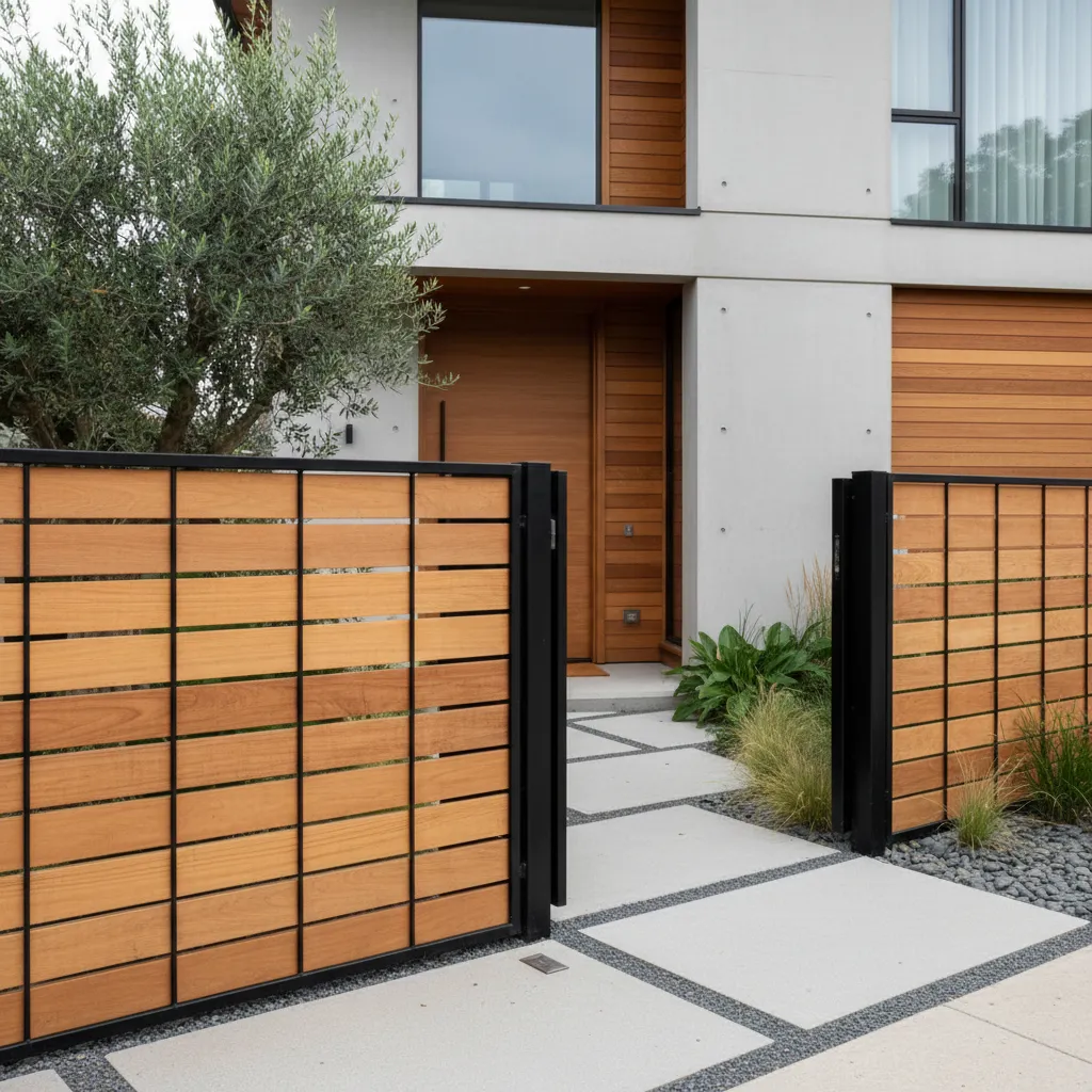 Reja moderna combinando metal negro y paneles de madera
