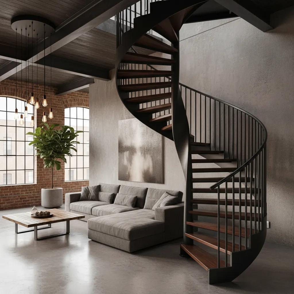Industrial room with metal and wood spiral stairs grey sofa coffee table and exposed brick