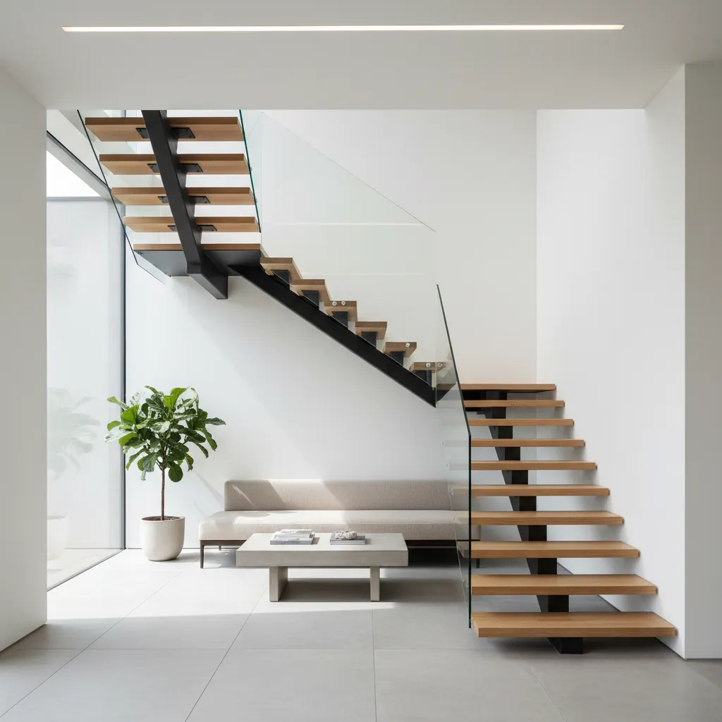 Escalera interior con estructura metálica y peldaños de madera