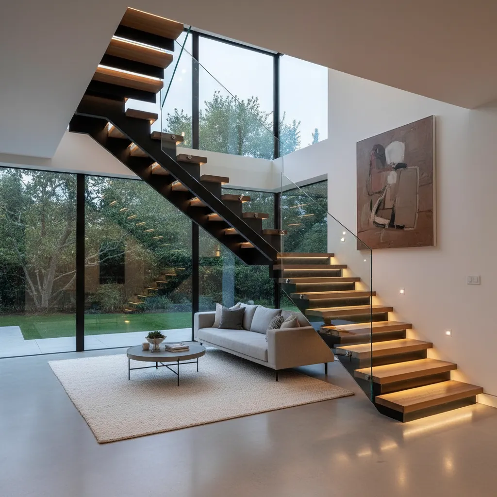 Modern living room with metal staircase wooden steps glass railing grey sofa and large windows