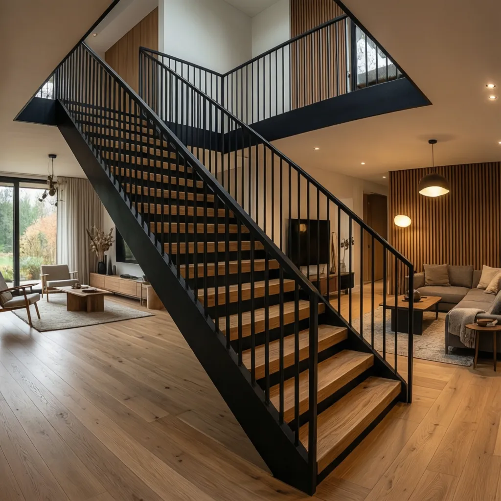 Escalera interior con estructura metálica negra y peldaños de madera