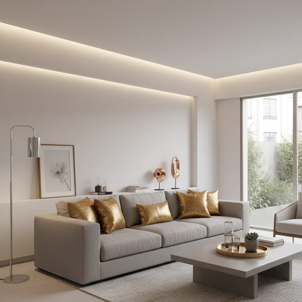 Interior showing gold pillows, brass decor, and chrome accents comparison