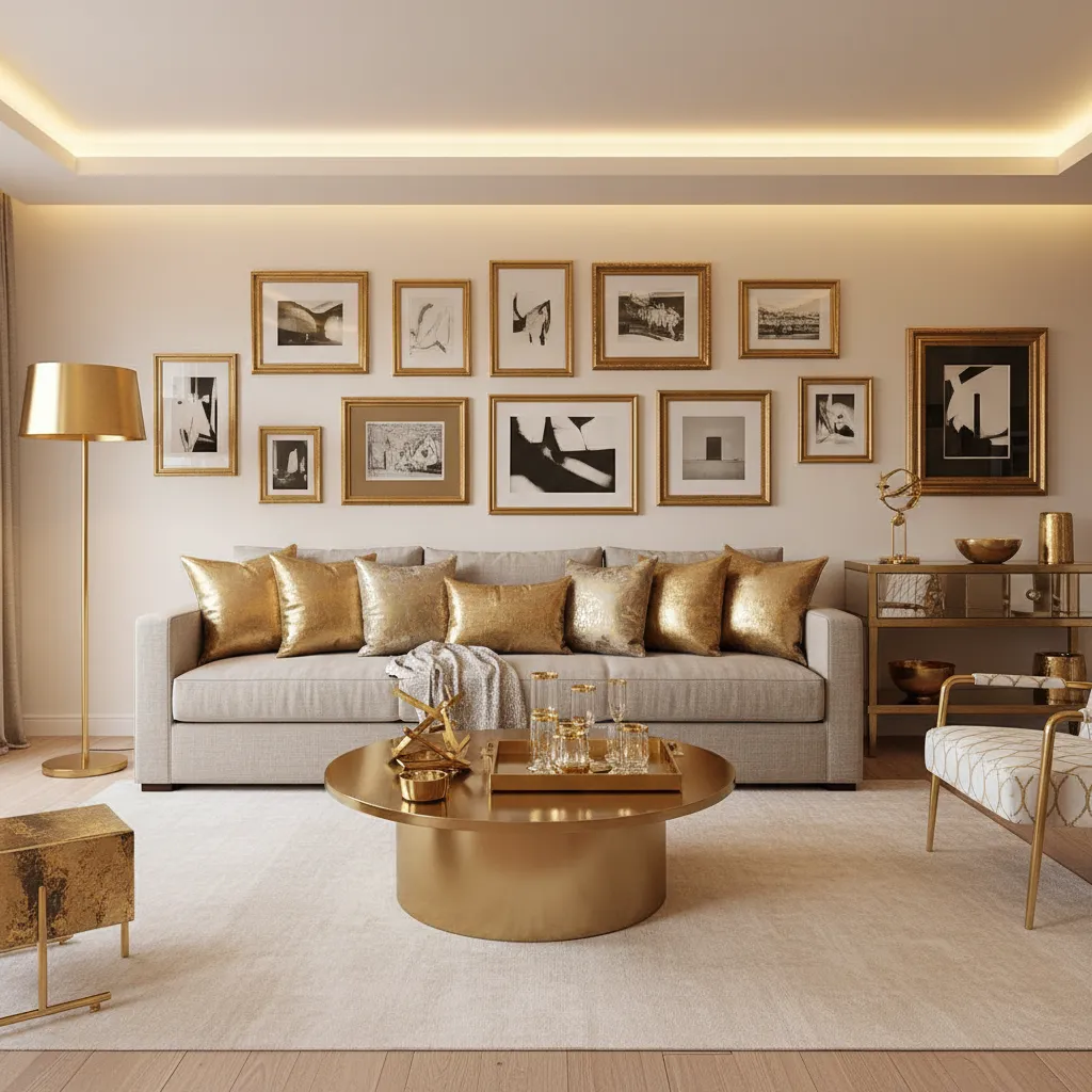 Living room with gold pillows brass lamps and metallic decor creating too many reflective accents