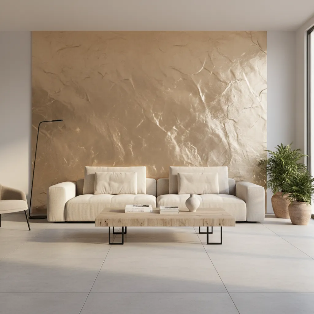 living room with metallic painted accent wall behind sofa