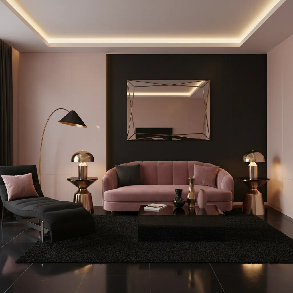 Brass lighting and metallic decor in black and pink living room