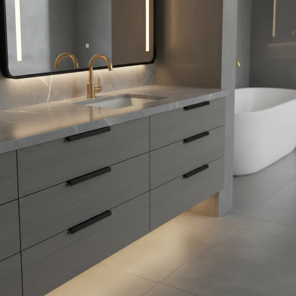 grey bathroom with brushed gold chrome and matte black metallic accessories