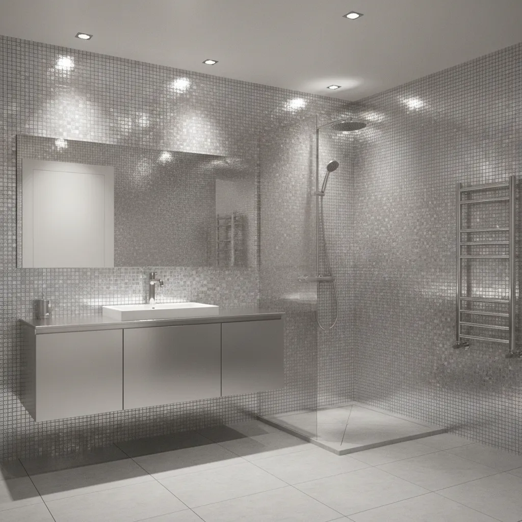 modern metallic silver bathroom with reflective tiles and chrome fixtures