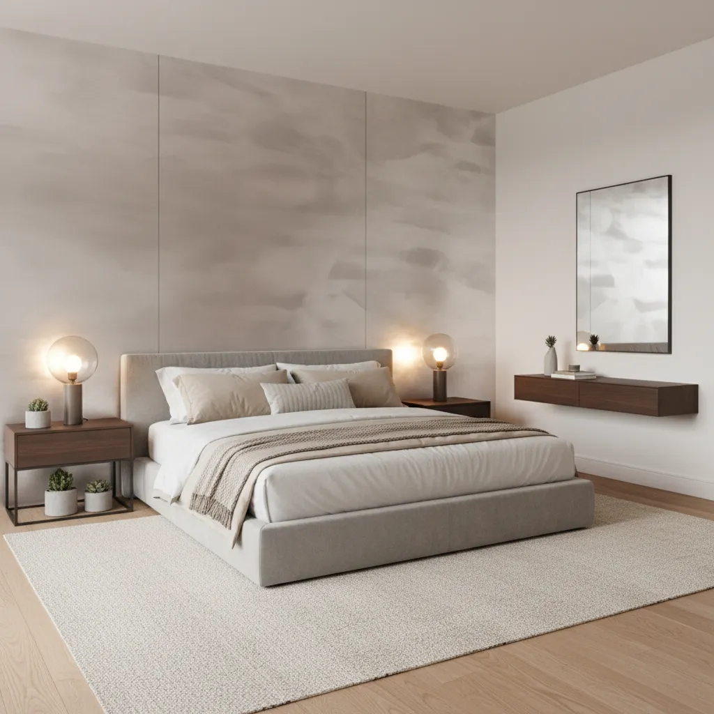 bedroom with soft metallic paint feature wall behind bed