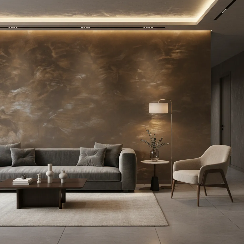 Pared con pintura metalizada reflejando la luz en una sala elegante