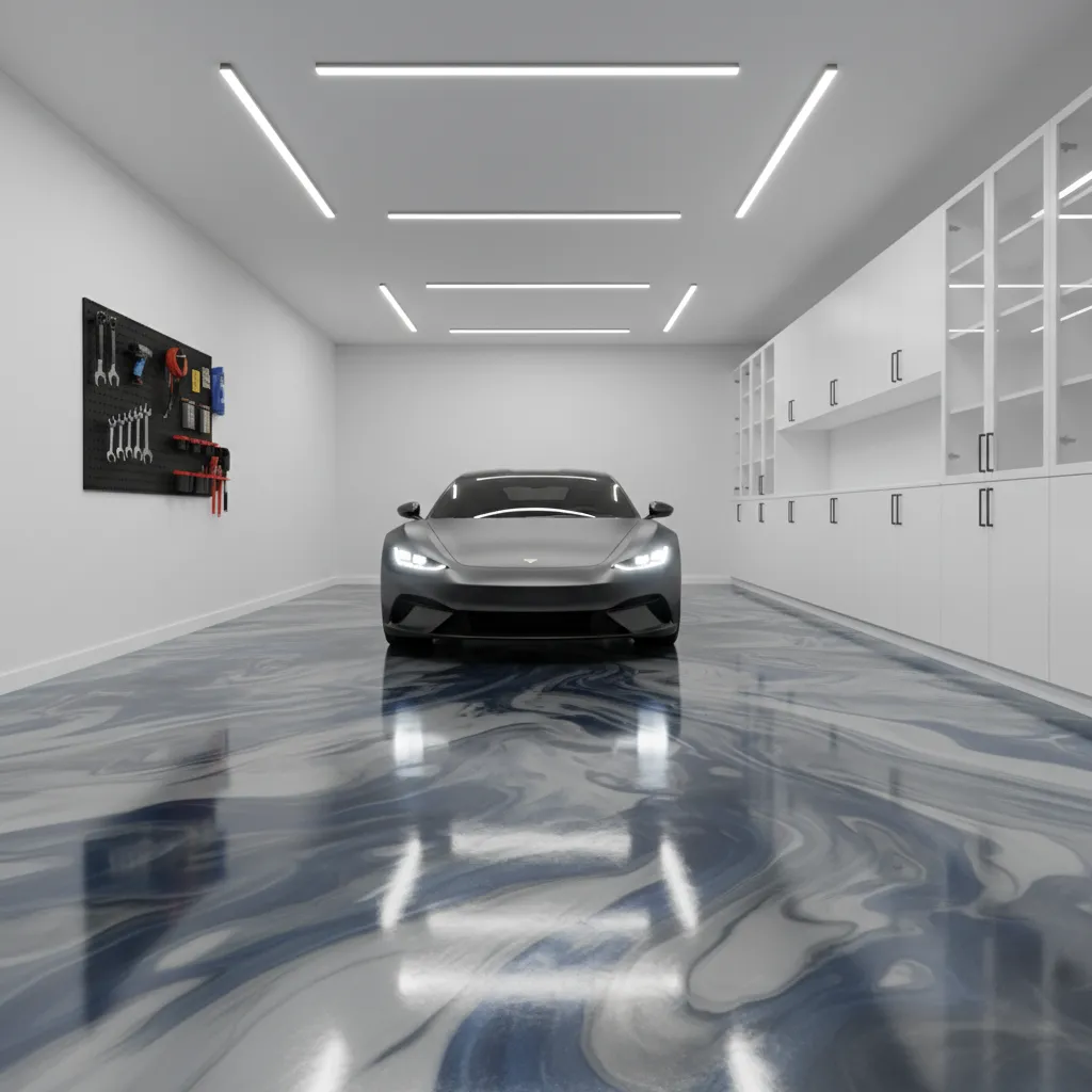 garage interior with glossy metallic epoxy concrete floor