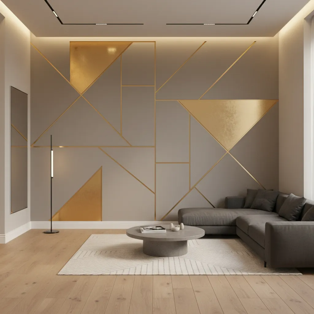 geometric metallic wall paint pattern with gold shapes