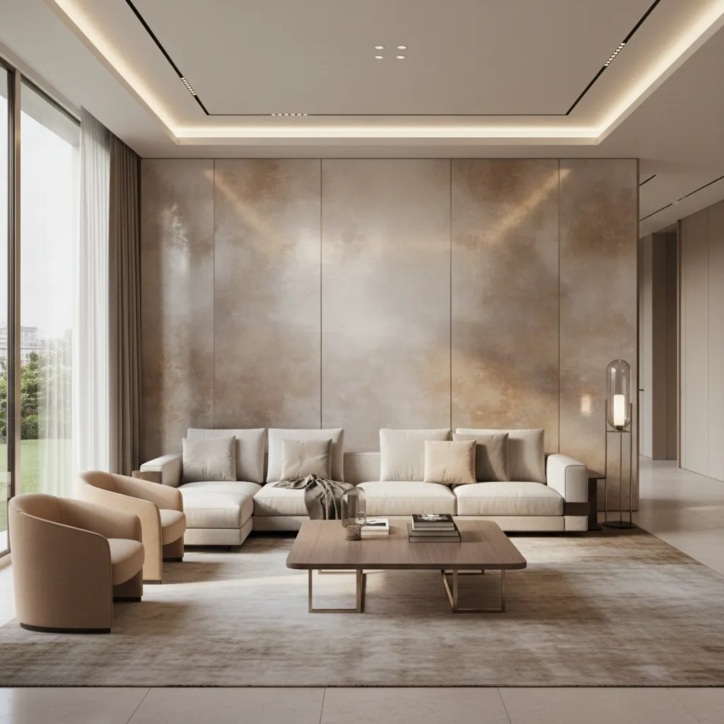 Metallic textured paint accent wall reflecting light in living room