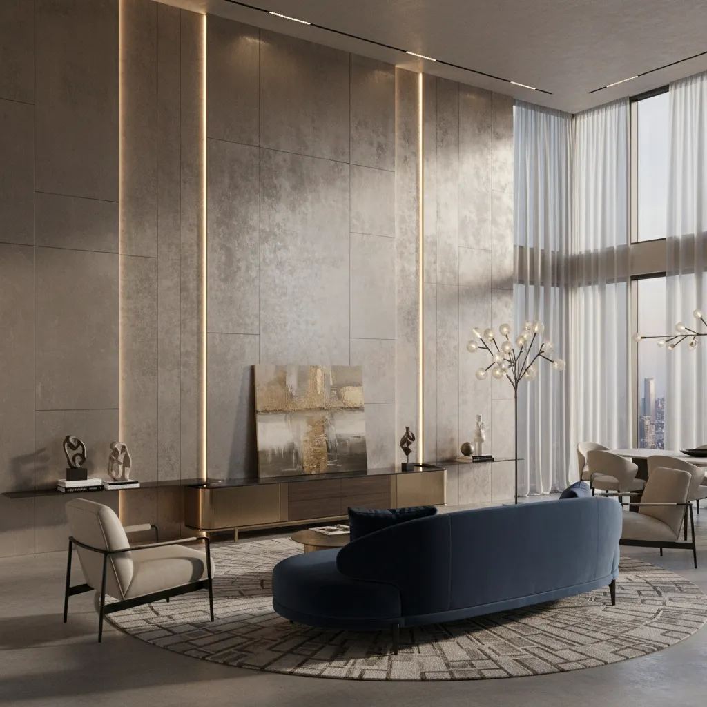 Metallic texture paint accent wall reflecting light in modern living room