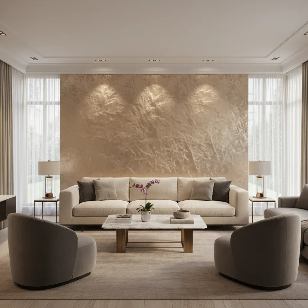 Metallic textured living room wall with luxury lighting