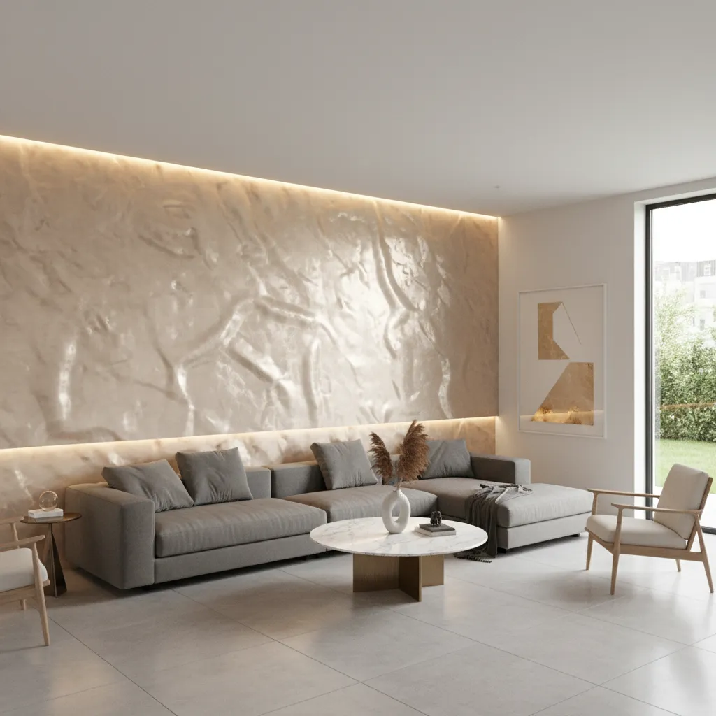 Metallic textured wall reflecting light in a contemporary living room