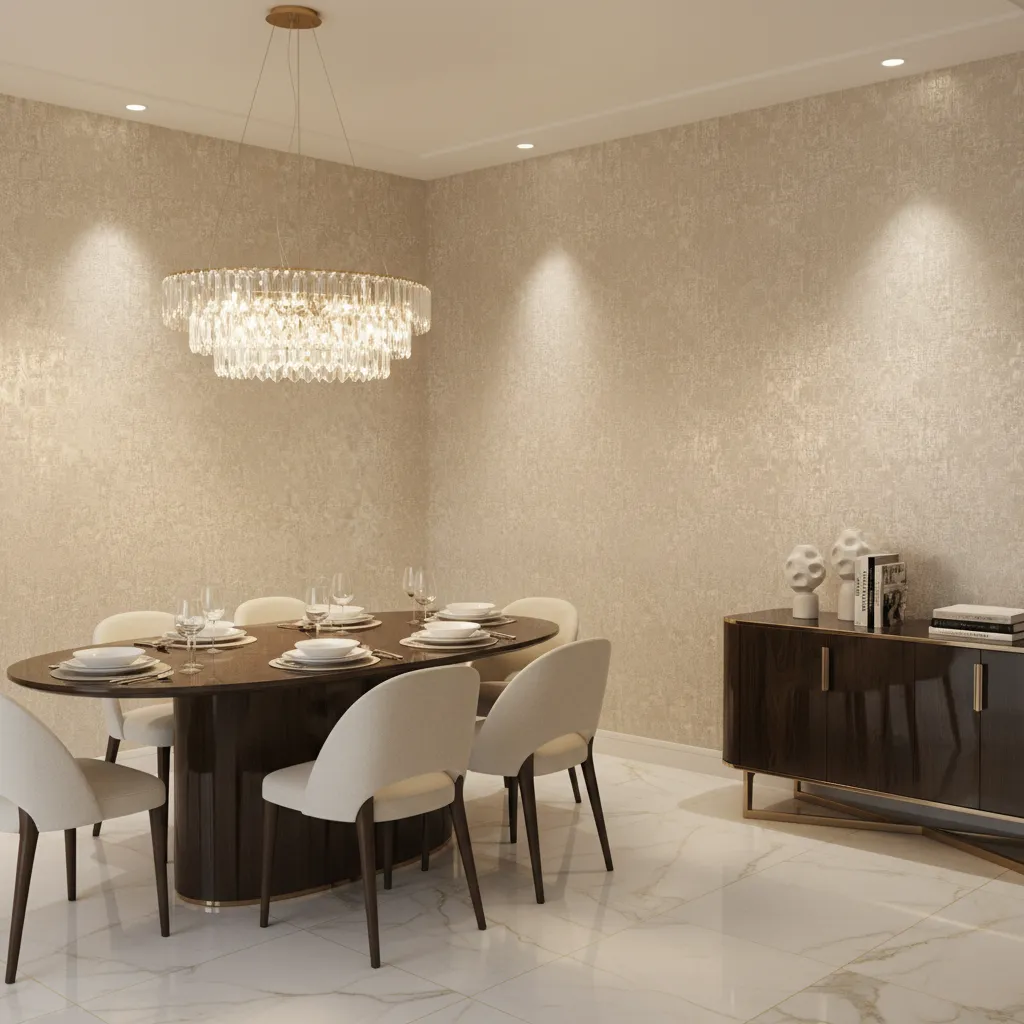Modern dining room with beige wallpaper, crystal ceiling light, oval table, white chairs, and cabinet