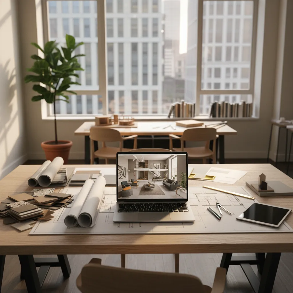 Design workspace with laptop showing room interior design floor plans material samples and city windows