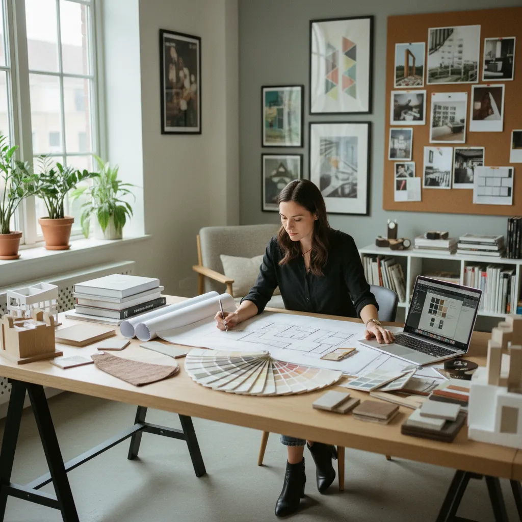 Woman working on interior design drawing with color swatches and mood board in bright office