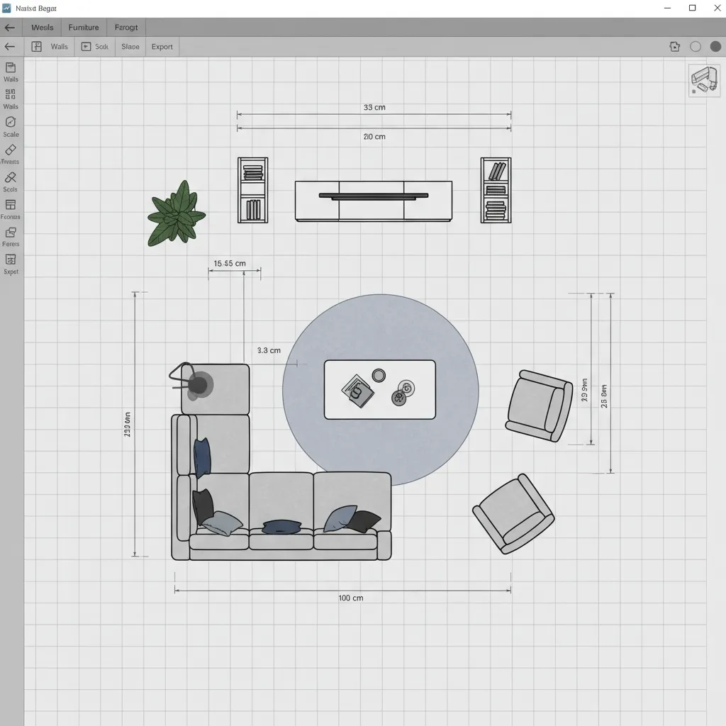 digital room layout planner showing metric grid and furniture placement
