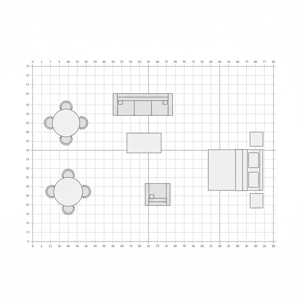 Top down room layout grid showing furniture placement with metric measurement spacing