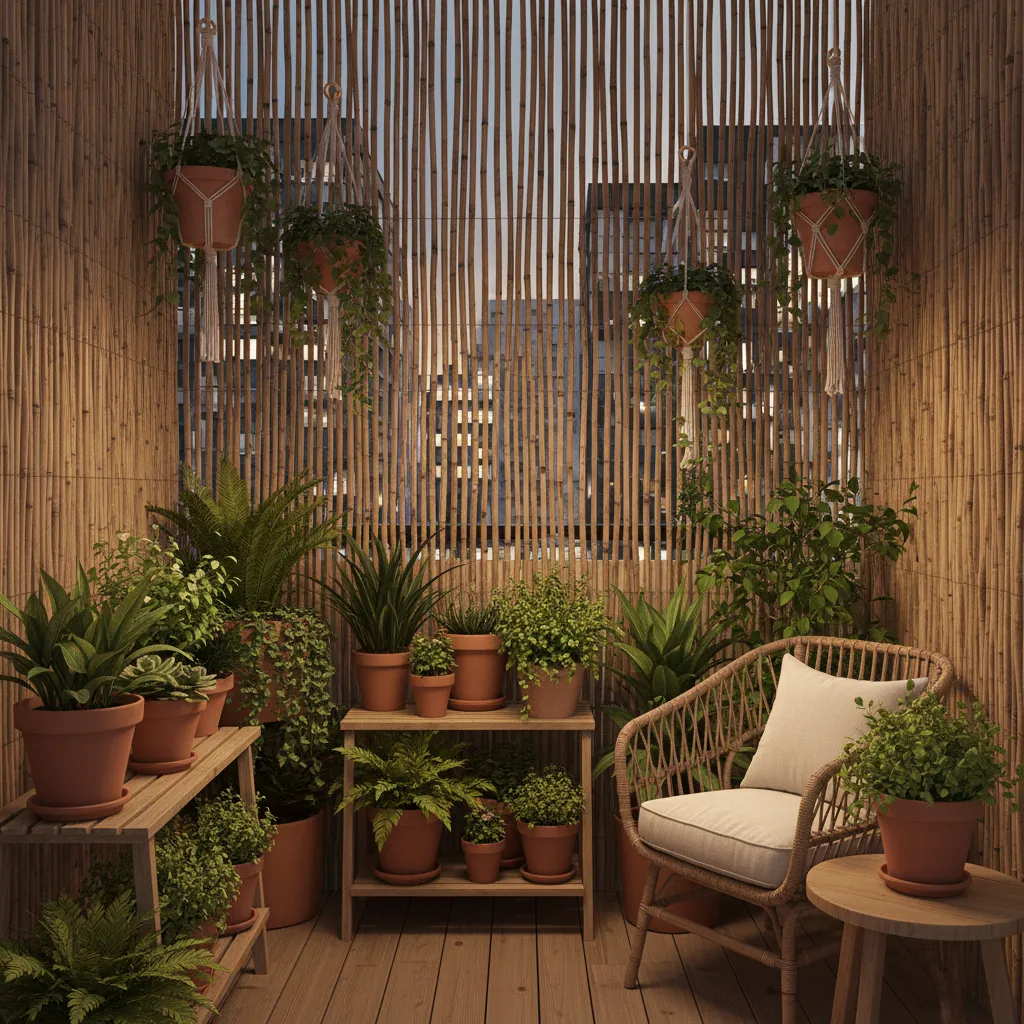 small metro city apartment balcony with plants and bamboo screen