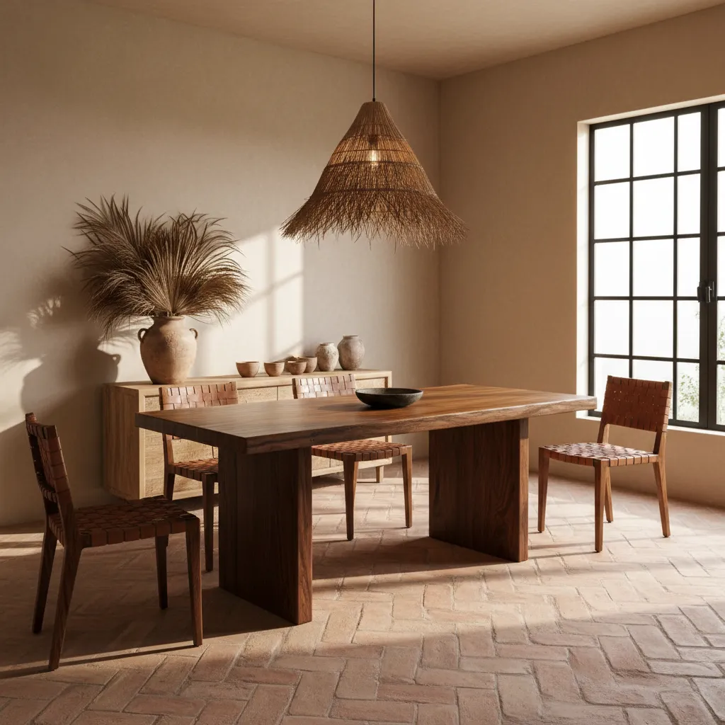 Mesa artesanal de madera en interior moderno mexicano