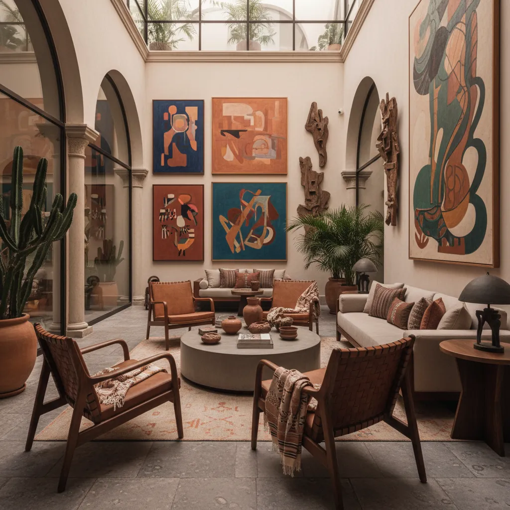 Interior de hotel boutique con arte mexicano contemporáneo