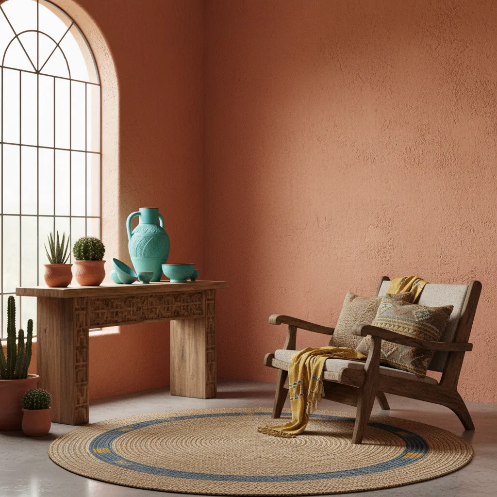 Mexican interior color palette with directional wall accents