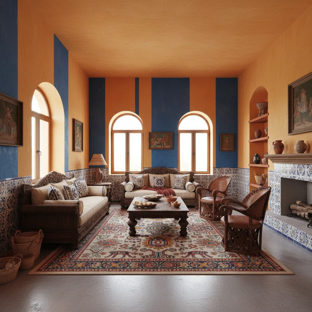Colorful Mexican style living room showing vibrant walls, handcrafted furniture and layered decor