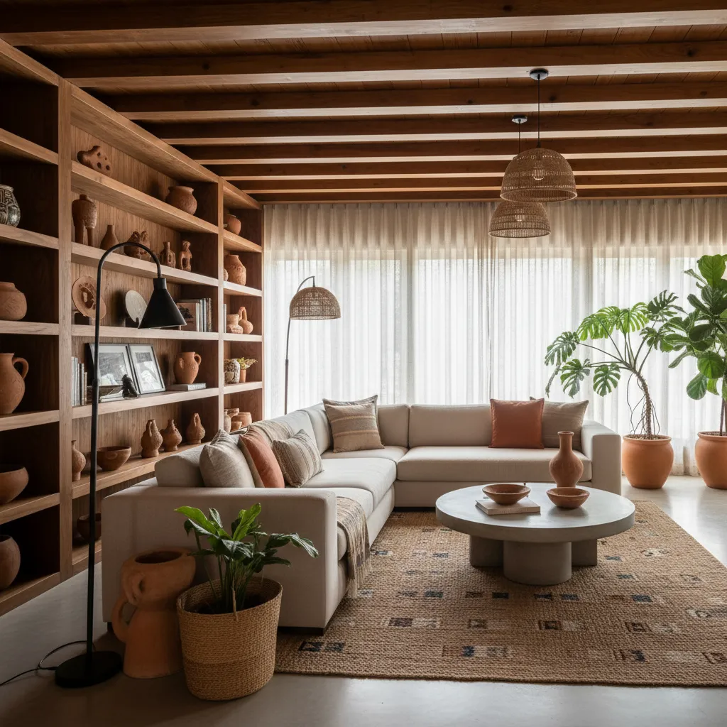 Interior contemporáneo mexicano con madera y tonos naturales