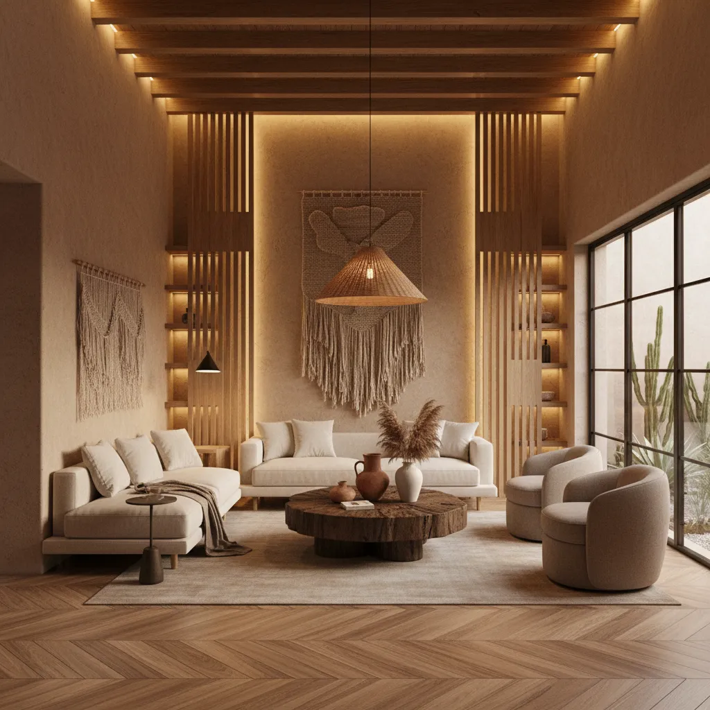 Interior con mezcla de diseño contemporáneo y materiales tradicionales mexicanos