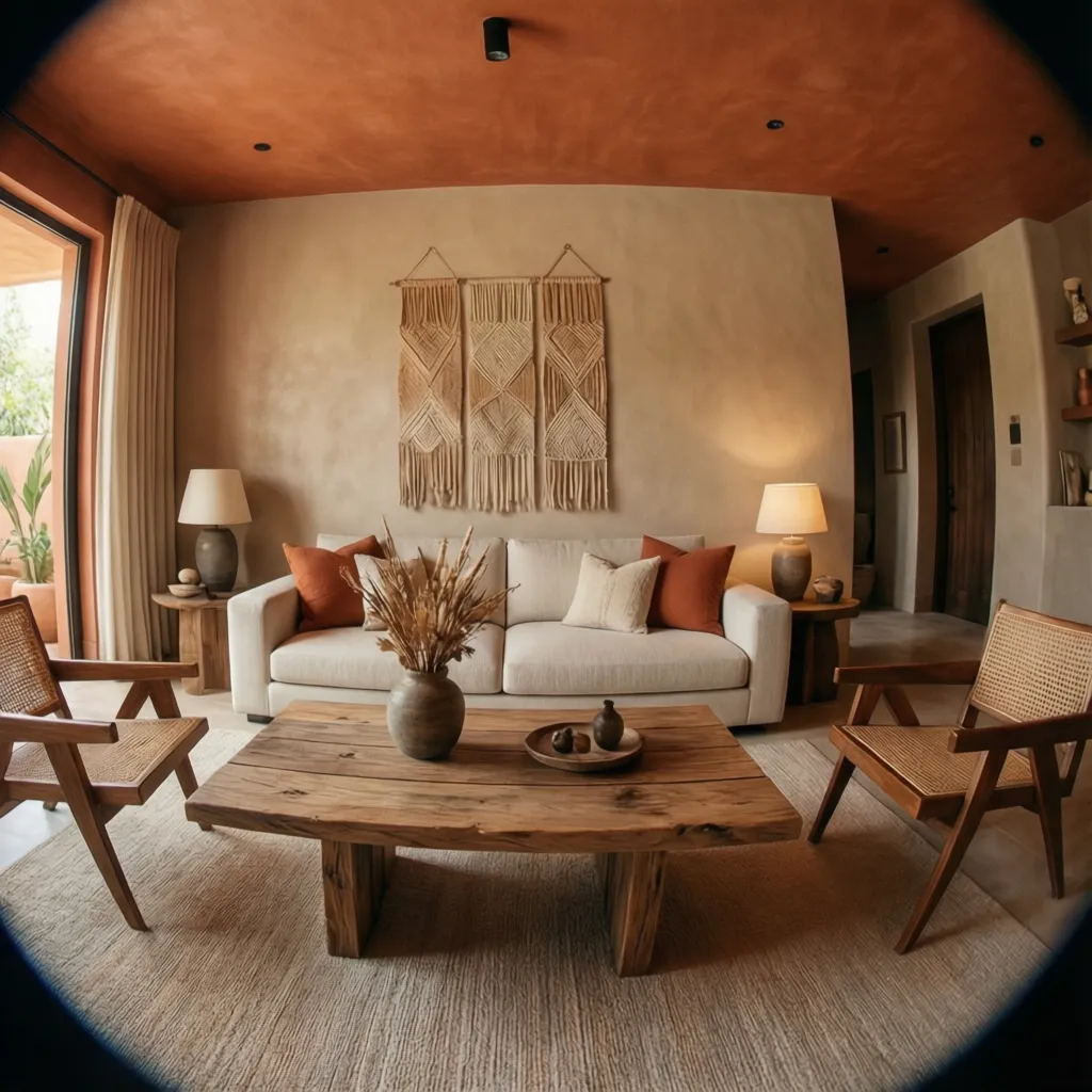 Sala moderna con estilo mexicano contemporáneo y tonos tierra