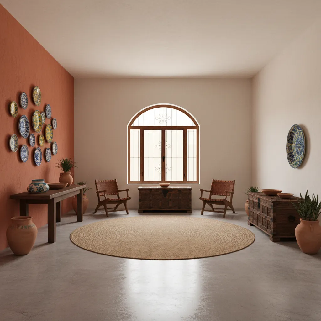 Balanced Mexican interior layout with open central space and controlled decor