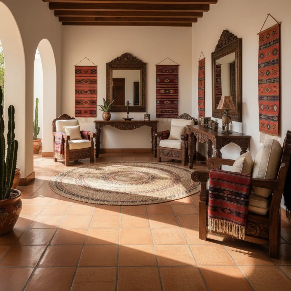 Mexican carved wood furniture arranged along walls leaving open pathways