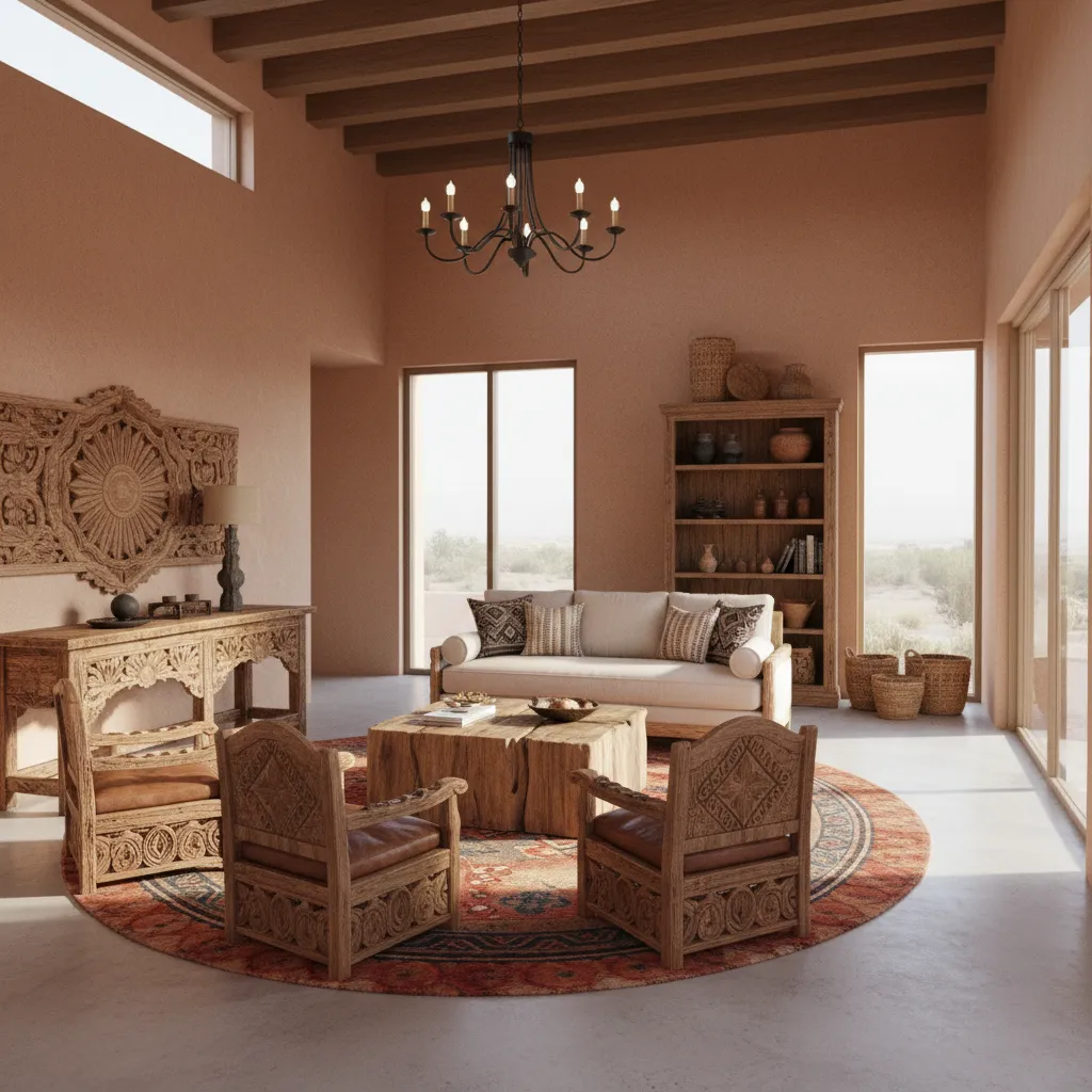Mexican wooden furniture arranged according to Vastu directional balance