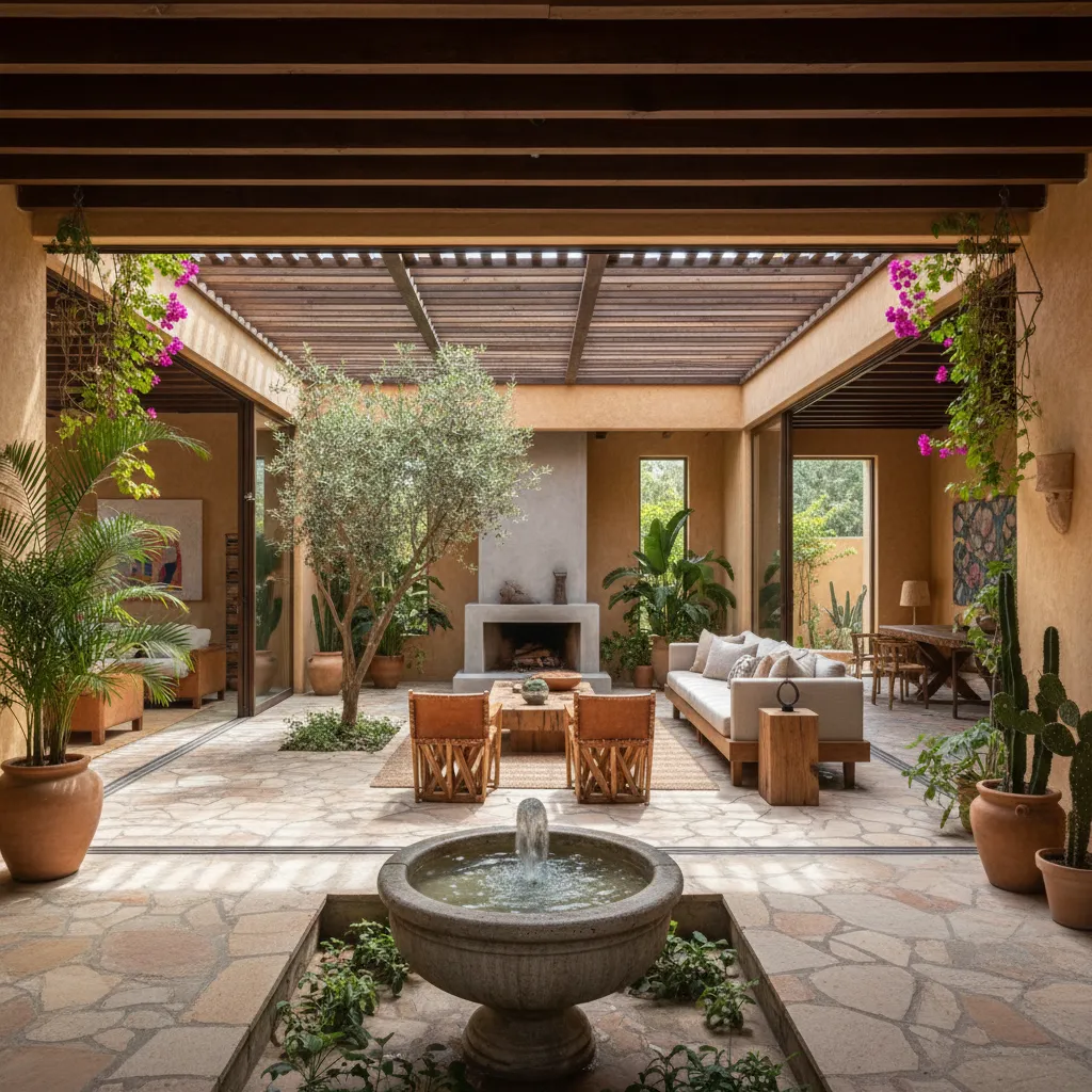 Patio interior mexicano conectado con sala y comedor