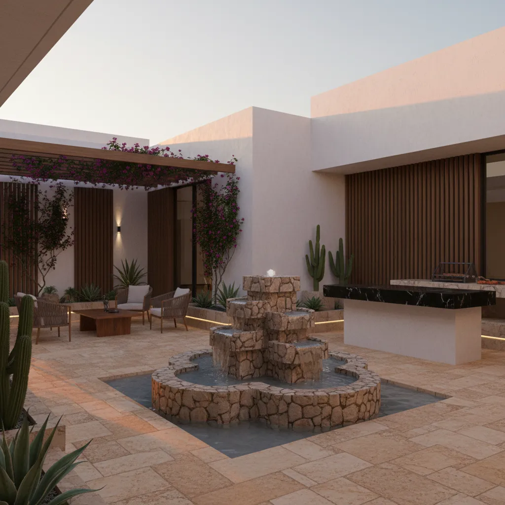 Render 3D de una casa mexicana con patio y materiales naturales