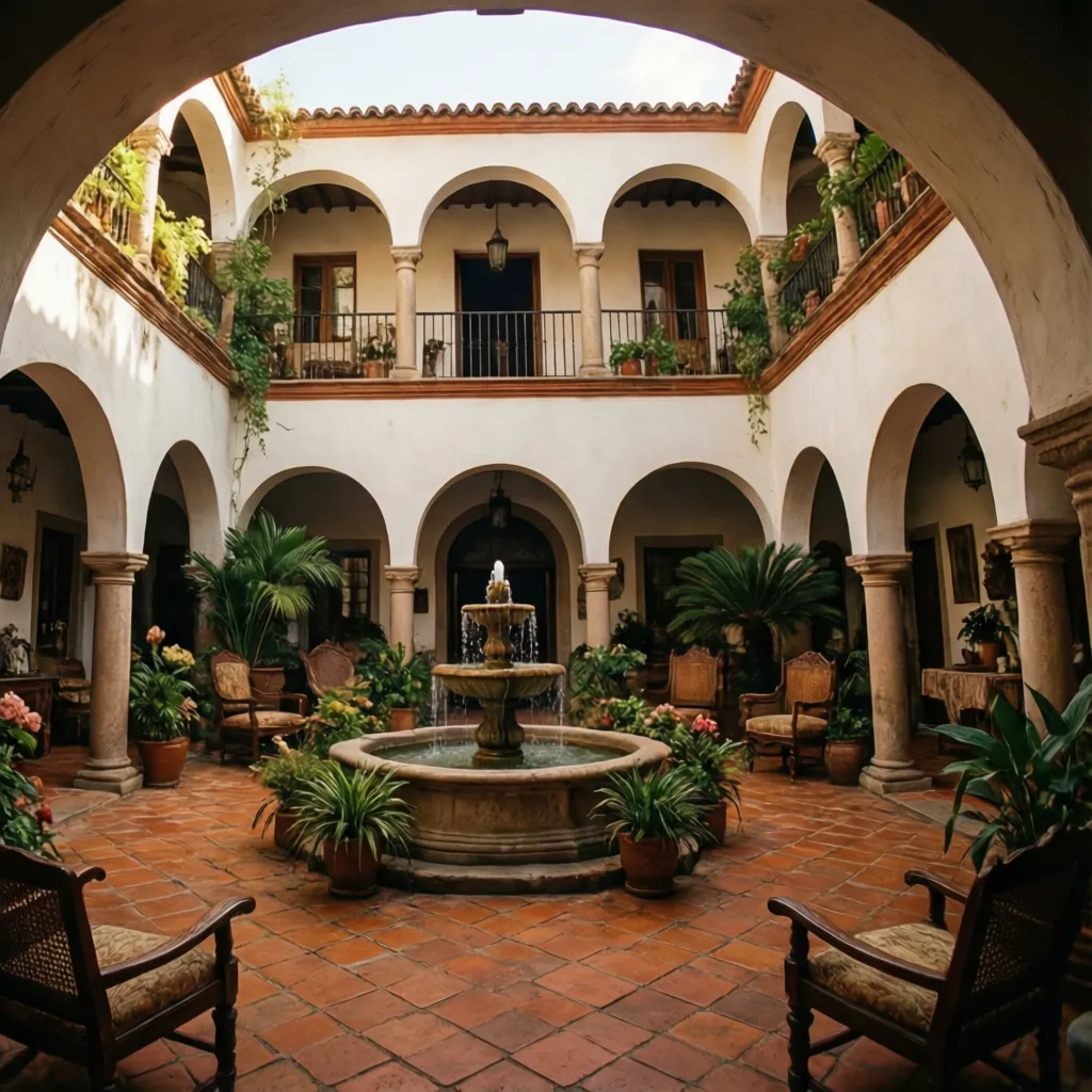 Patio interior de una casa mexicana con plantas y arcos