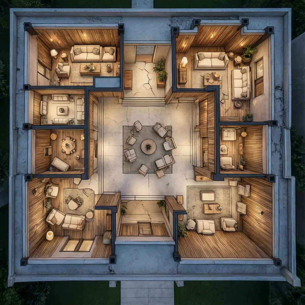 Plano arquitectónico de casa mexicana con patio central