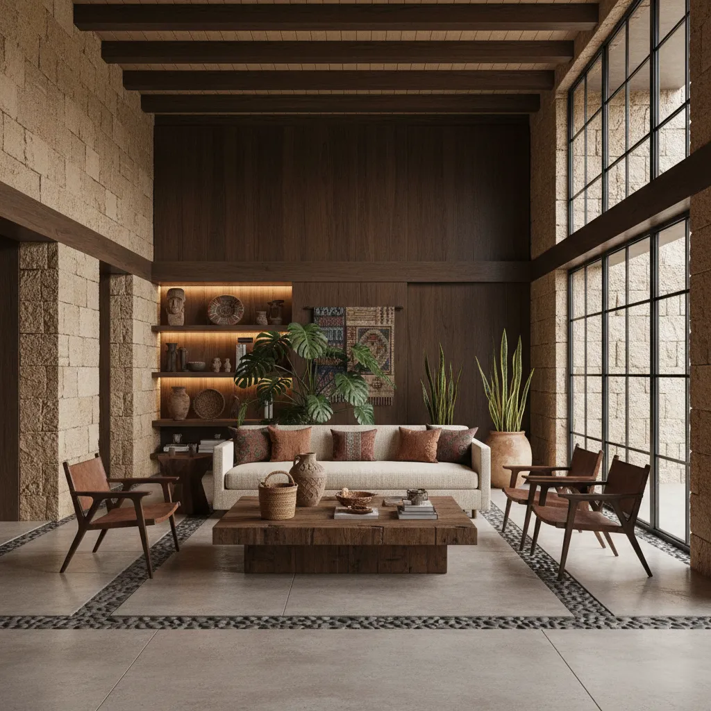 Rustic living room with dark wood walls, white sofa, brown chairs, wooden table, and windows