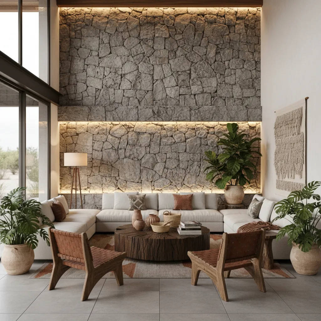 Sala moderna con artesanía mexicana y arquitectura contemporánea