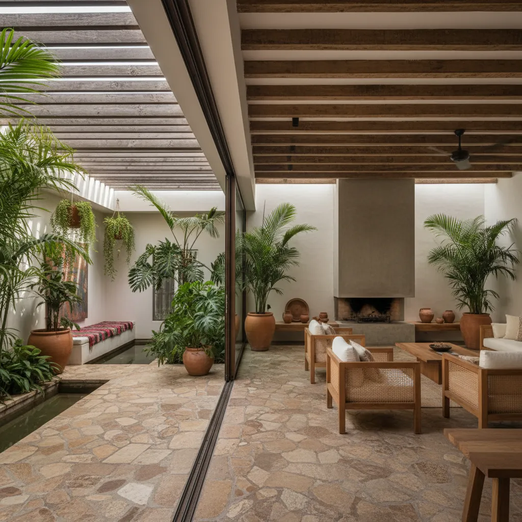 Interior conectado con patio exterior en una casa mexicana contemporánea